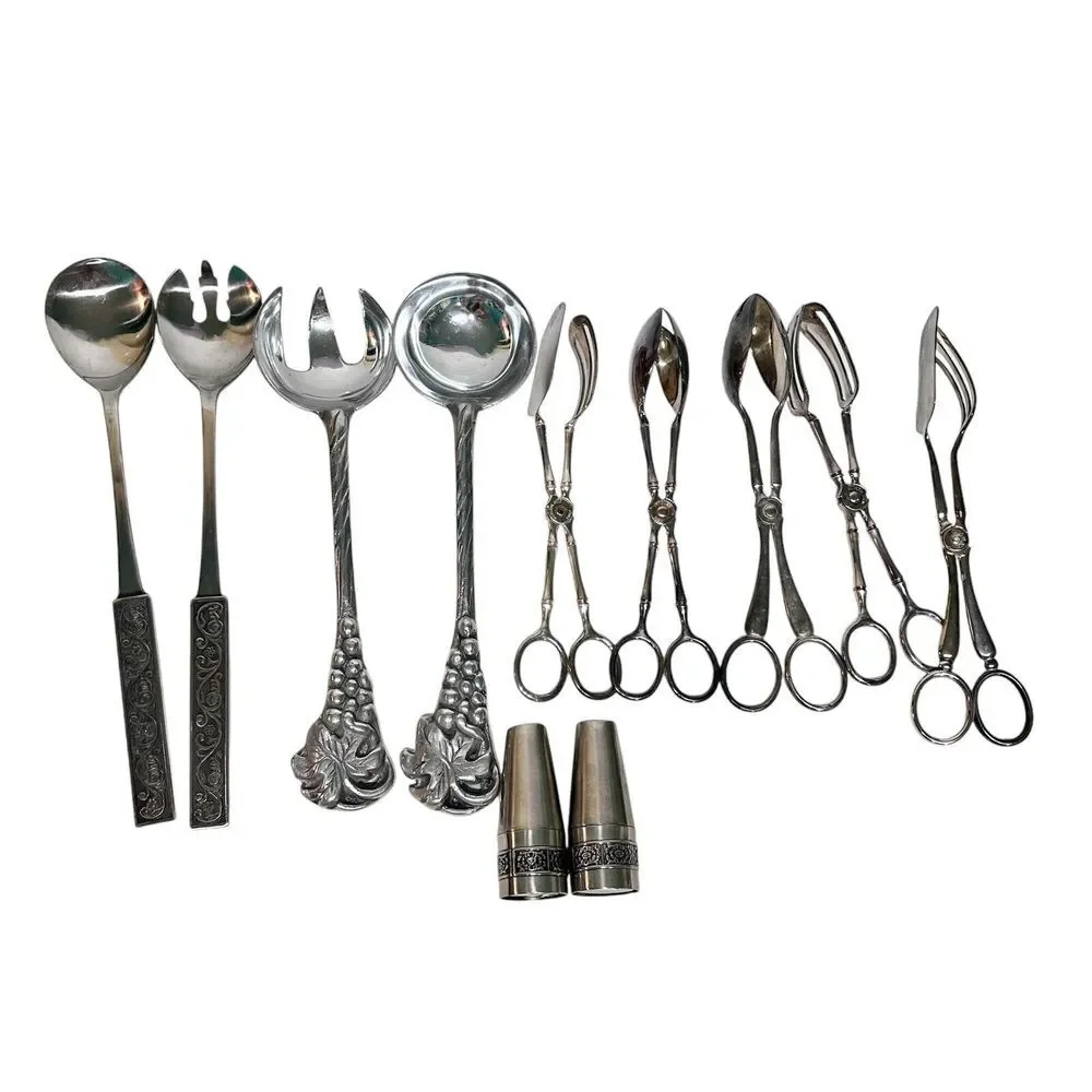 Vintage Silver Plated Italy China Scissor Spoon Fork Salad Server Utensils 11 Pc